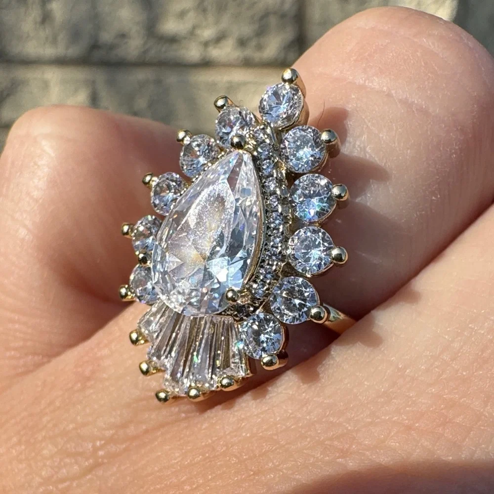 Gold Plated Teardrop Halo Ring baguettes & CZ Size 7 Wedding Engagement